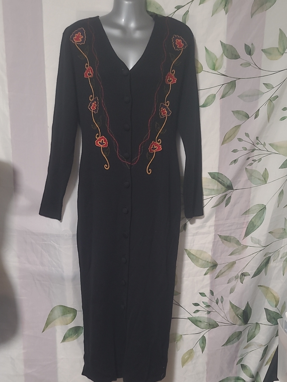 karin stevens Black Long-Sleeve Button-Front Dress with Red and Gold Embroidery